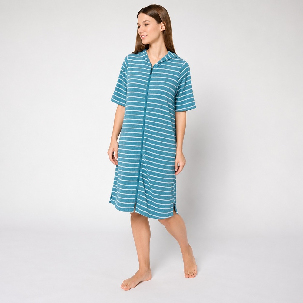 Stan Herman Stripe Double Knit Crinkle Rib Hooded Zip Lounger Dusty Blue, Medium